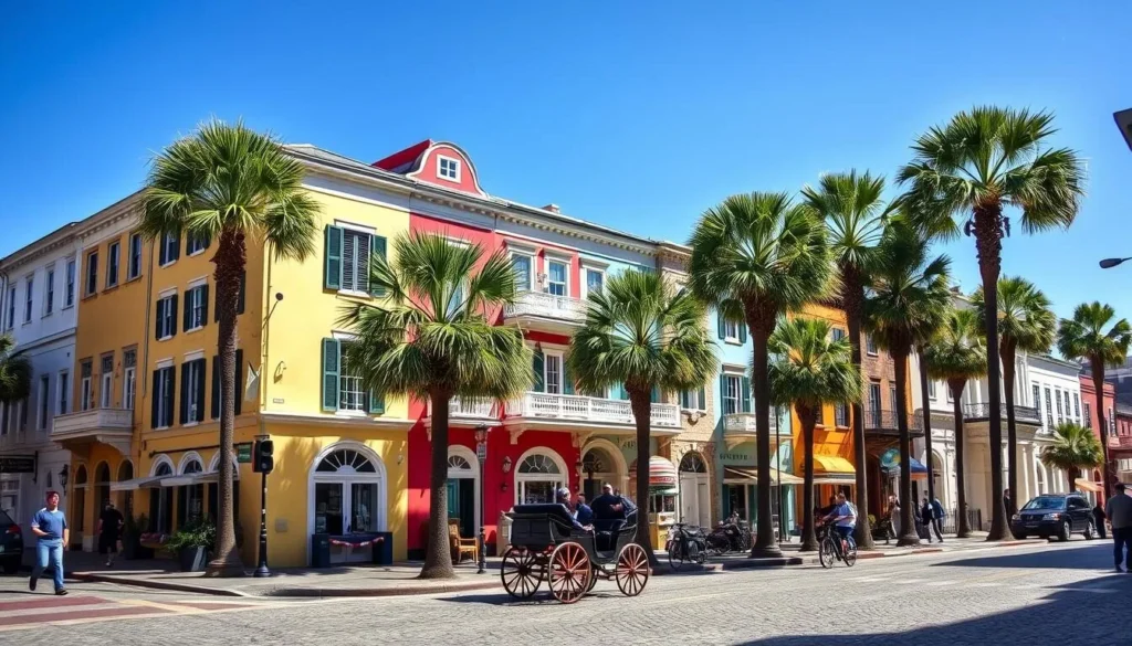 Historic downtown Charleston with colorful buildings and cobblestone streets