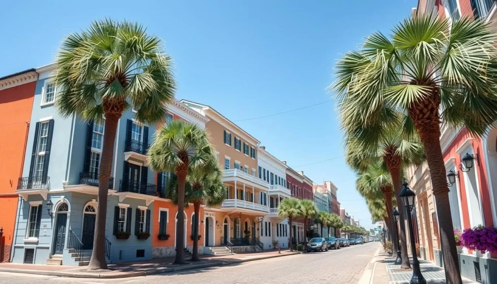 Historic downtown Charleston with colorful buildings and palmetto trees