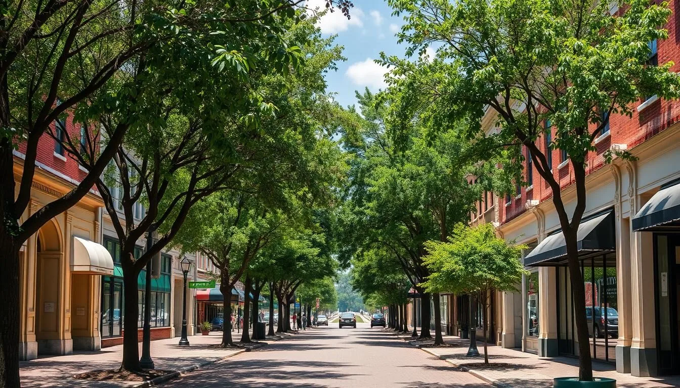 Historic downtown Clinton, Mississippi with charming storefronts and tree-lined streets showcasing the city's Southern charm