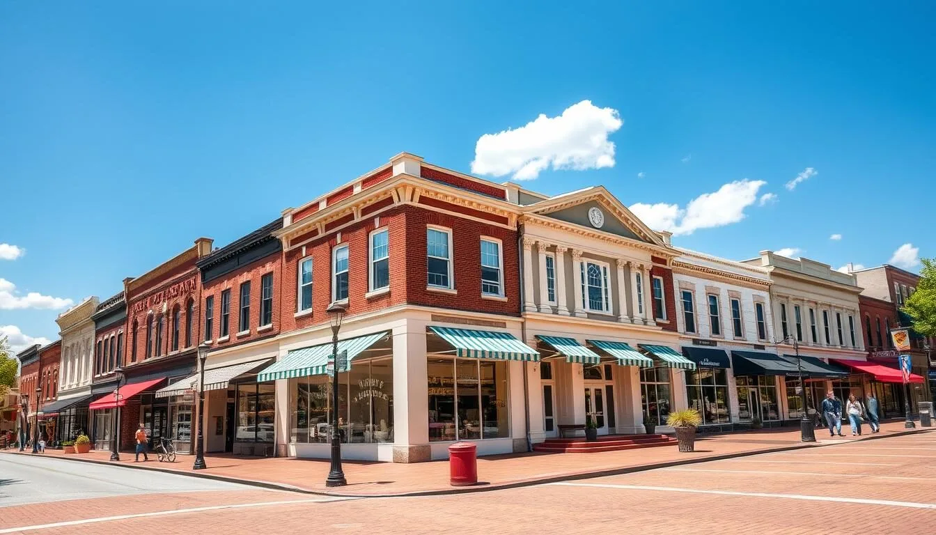 Historic downtown Columbia Tennessee square with classic architecture and shops on a sunny day
