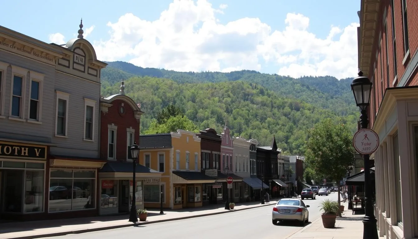 Historic downtown Hinton, West Virginia with Victorian buildings and mountain backdrop