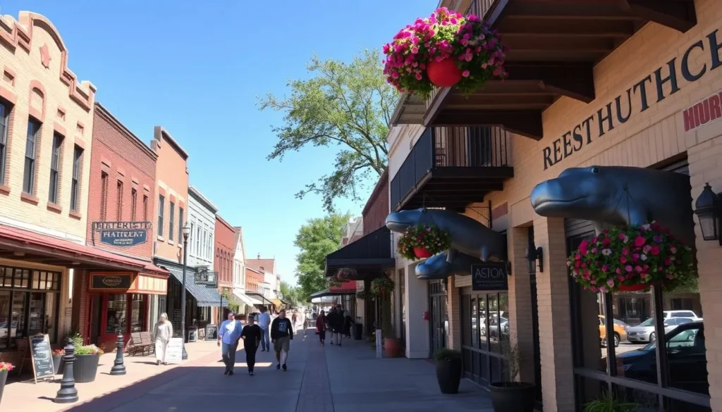 Historic downtown Hutto Texas with shops and hippo statues