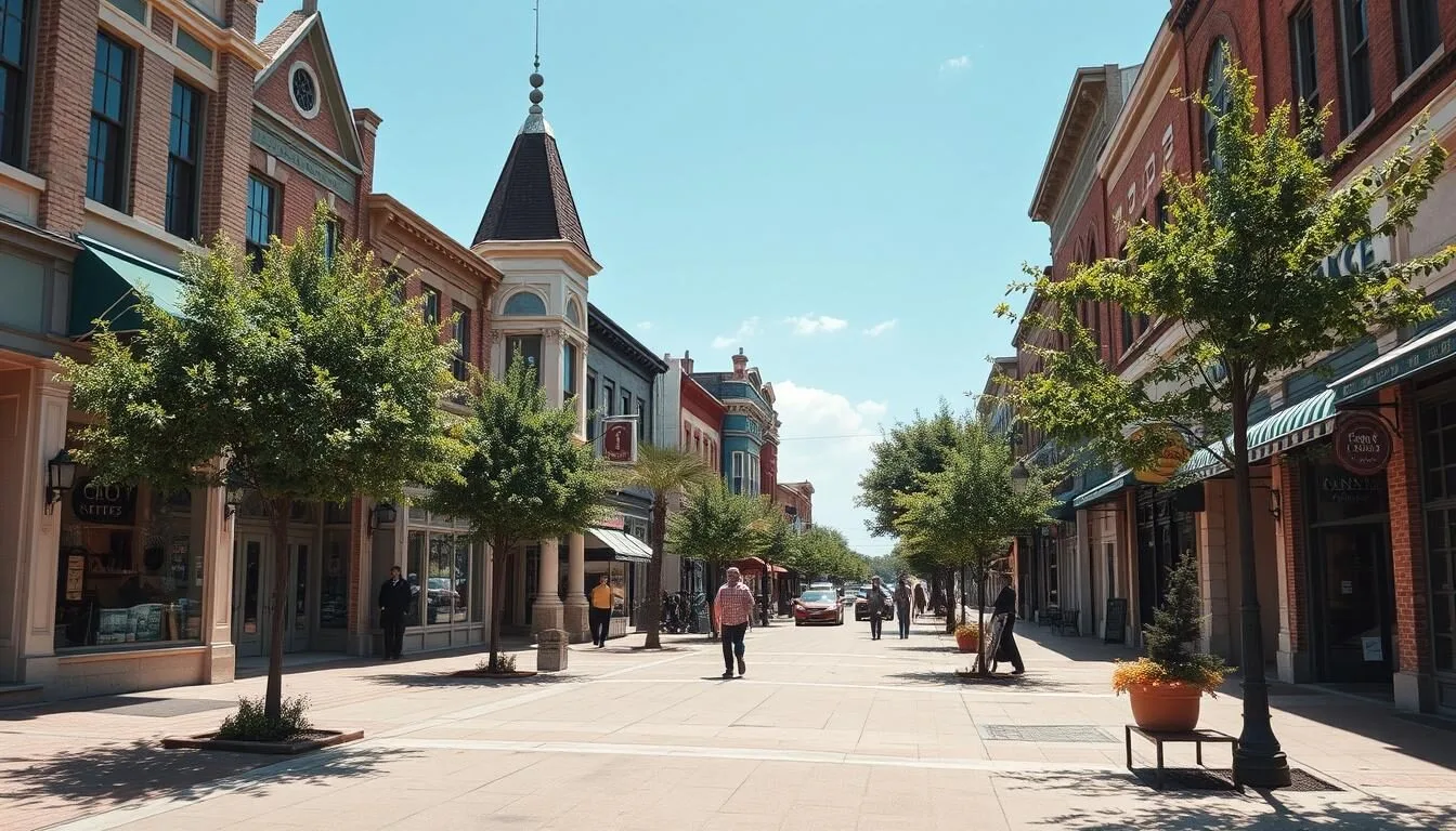 Historic downtown McKinney Texas with charming storefronts and tree-lined streets