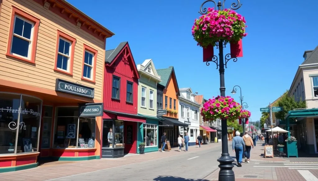 Historic downtown Poulsbo Front Street with colorful Norwegian-style buildings and shops