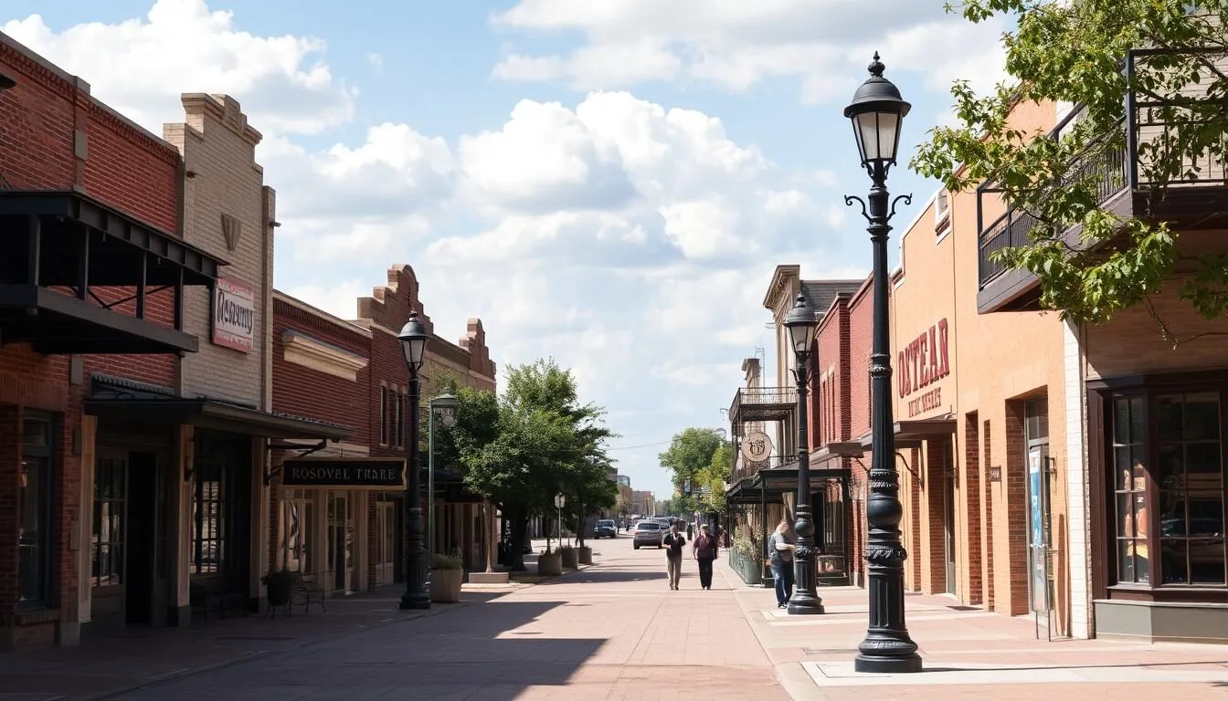 Historic downtown Rosenberg Texas with restored Western-style buildings and shops on a sunny day