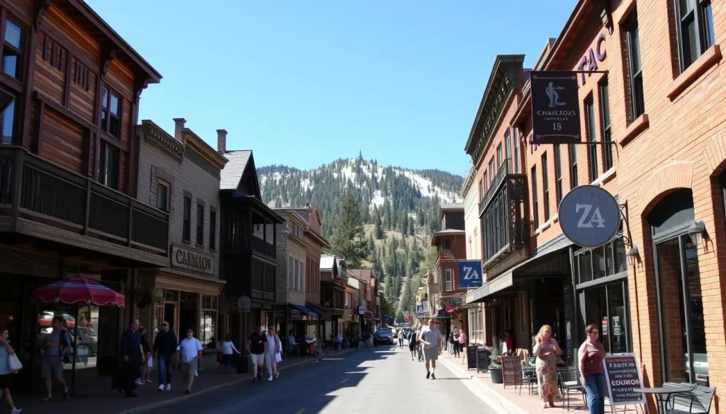 Historic downtown Truckee, California with people shopping and dining on main street Historic downtown Truckee, California with people shopping and dining on main street