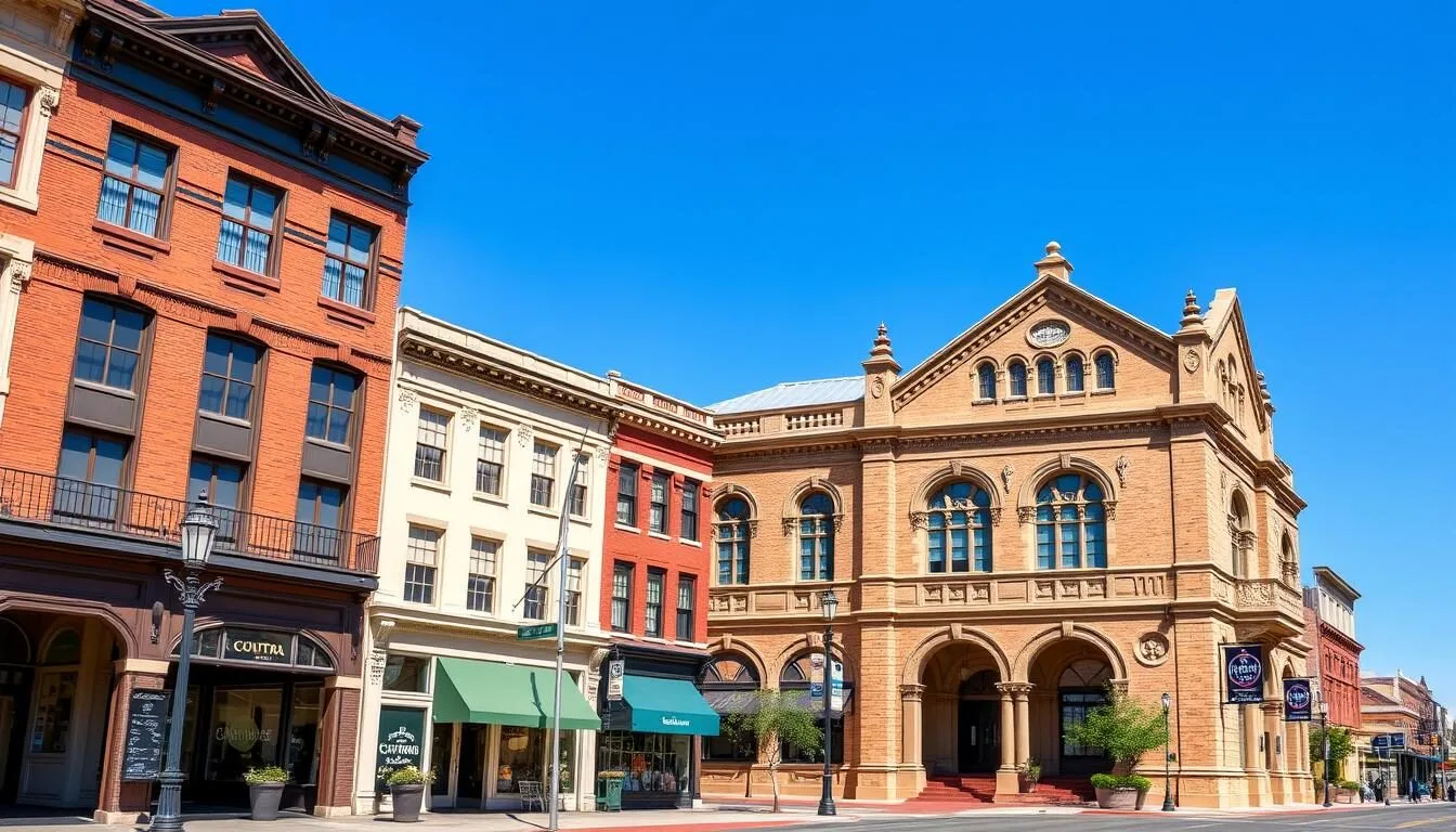 Historic downtown Victoria, Texas with the 1892 Victoria County Courthouse visible against a clear blue sky