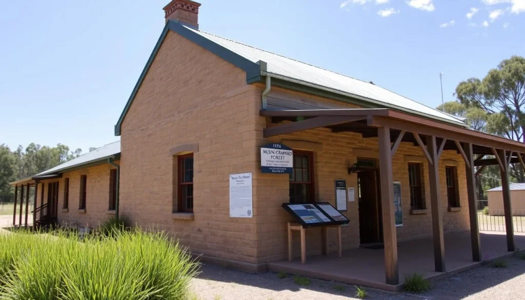 Historic forestry building at Mount Crawford Forest headquarters with information displays in South Australia
