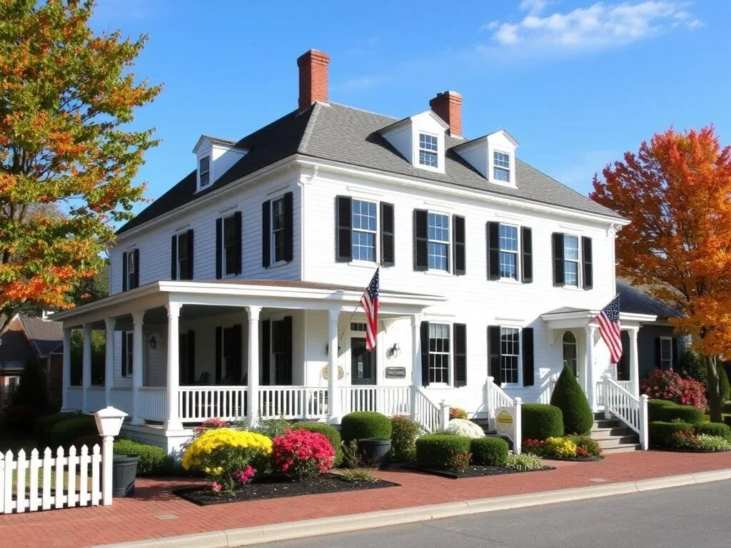 Historic inn in Kennebunkport with traditional New England architecture near Rachel Carson Wildlife Refuge