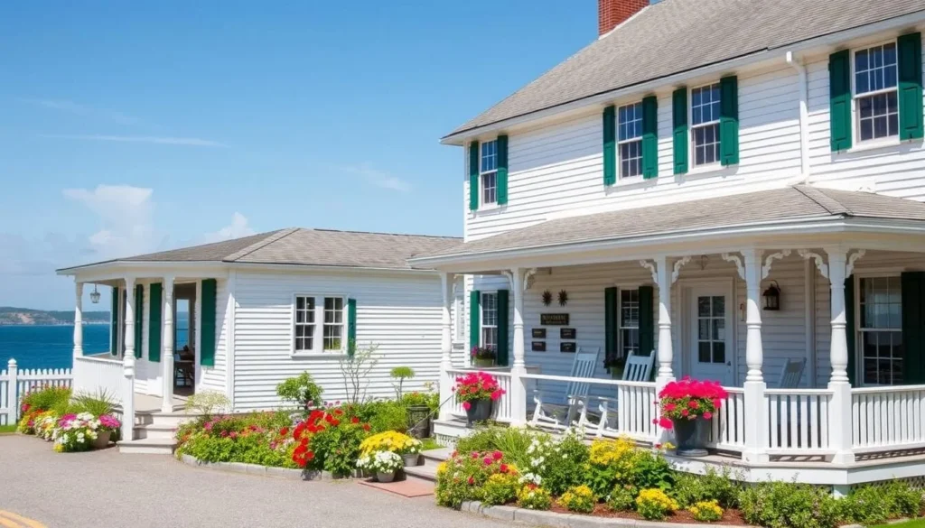 Historic inn on Monhegan Island with ocean views, white clapboard exterior, and flower gardens Historic inn on Monhegan Island with ocean views, white clapboard exterior, and flower gardens