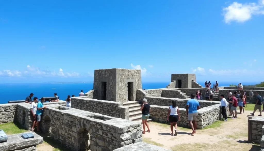 Historic military ruins at Shirley Heights Lookout with tourists exploring, Antigua and Barbuda Historic military ruins at Shirley Heights Lookout with tourists exploring, Antigua and Barbuda