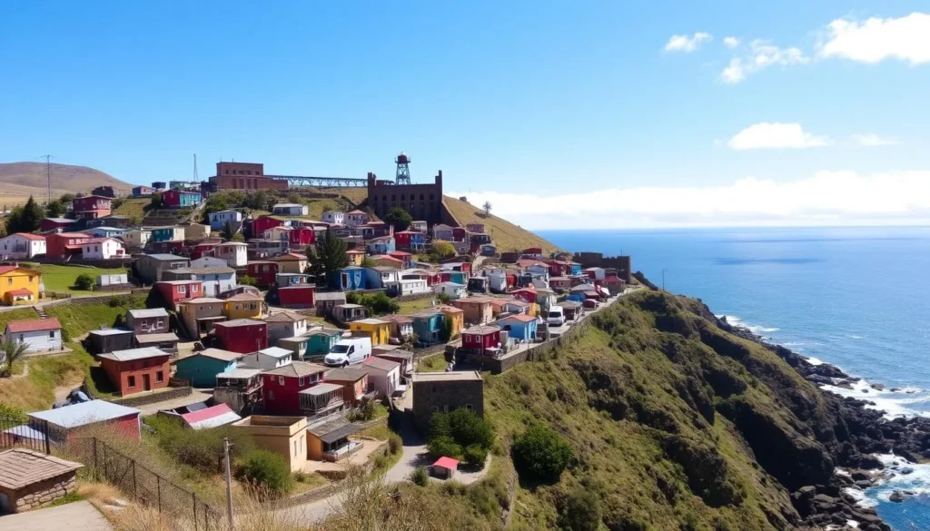 Historic mining town of Lota near Concepcion Chile with colorful houses and Pacific Ocean views