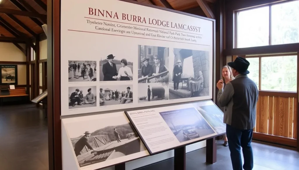 Historic photograph display at Binna Burra Lodge showing the early days of Lamington National Park