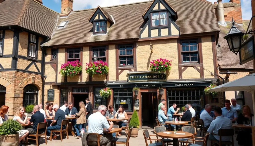 Historic pub in Cambridge with traditional architecture and outdoor seating area