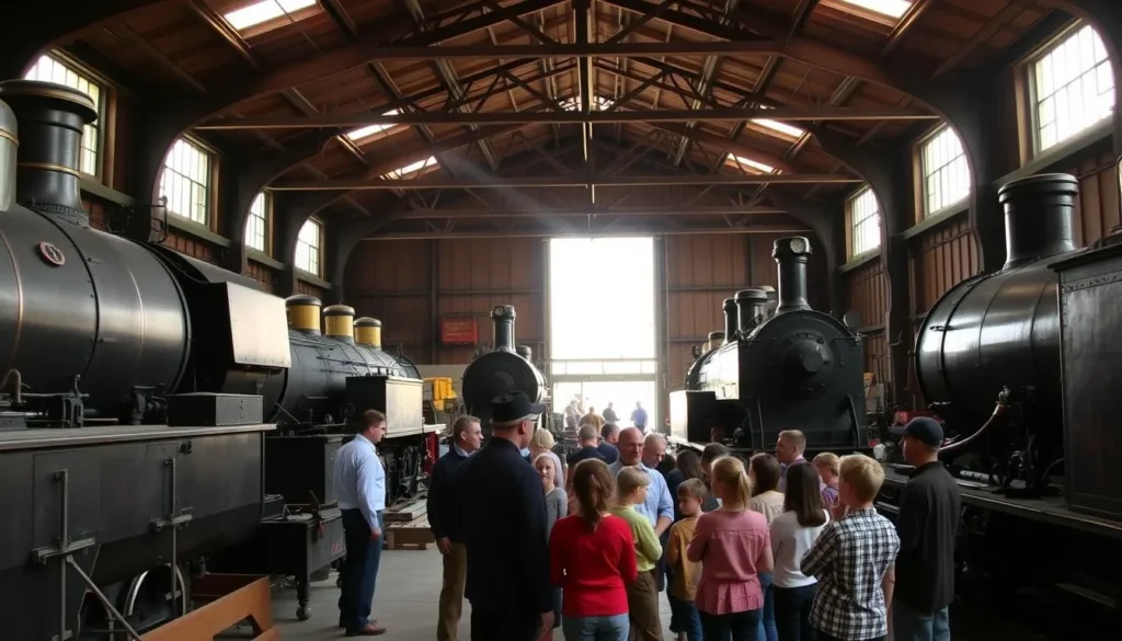 Historic roundhouse interior at Railtown 1897 State Historic Park showing maintenance work on vintage locomotives