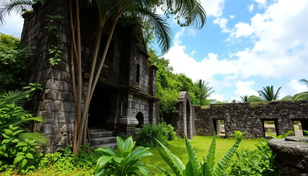 Historic ruins near Arecibo Puerto Rico with tropical vegetation