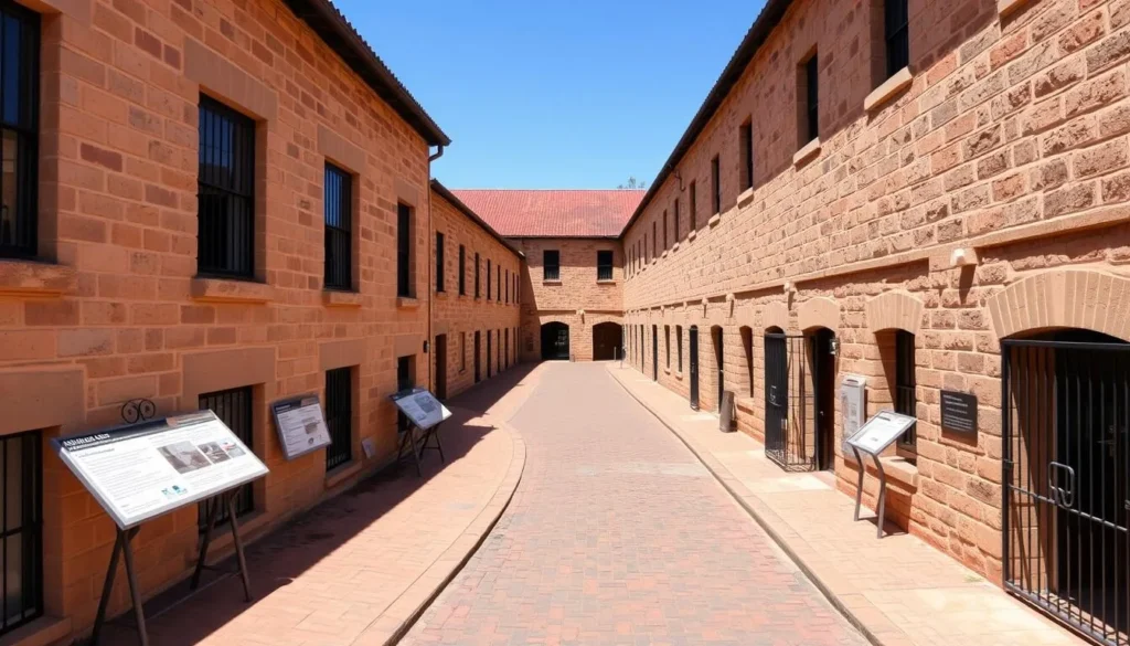 Historic sandstone buildings and cell blocks at Old Dubbo Gaol heritage site