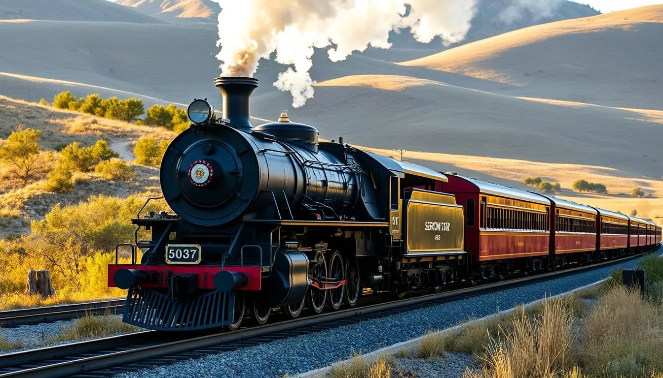 Historic steam locomotive at Railtown 1897 State Historic Park pulling vintage passenger cars through California's scenic Gold Country
