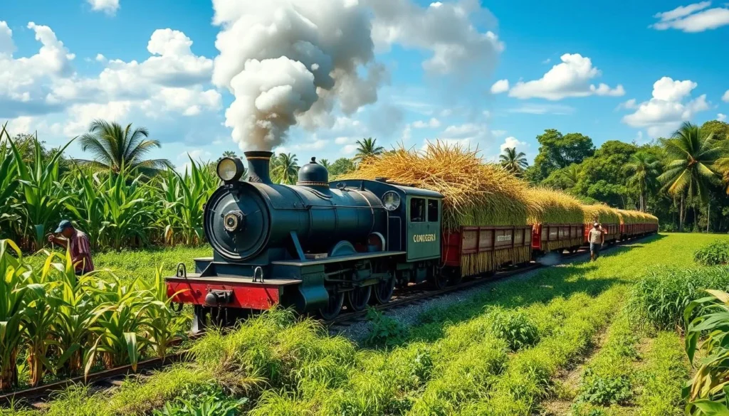 Historic steam train carrying sugarcane through Contramaestre's fields with workers Historic steam train carrying sugarcane through Contramaestre's fields with workers