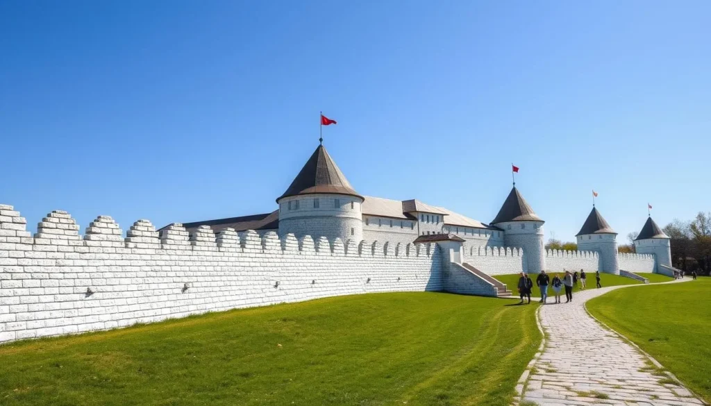 Historical Belozersk Kremlin walls near Lake Beloye with visitors walking along the path Historical Belozersk Kremlin walls near Lake Beloye with visitors walking along the path