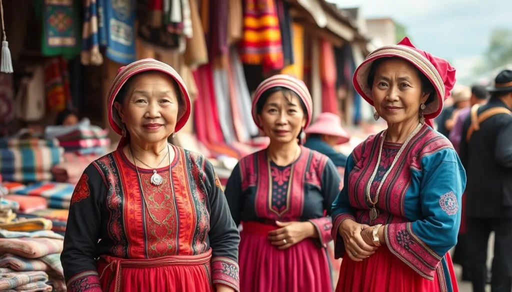 Hmong women in traditional dress at a local market in Phonsavan