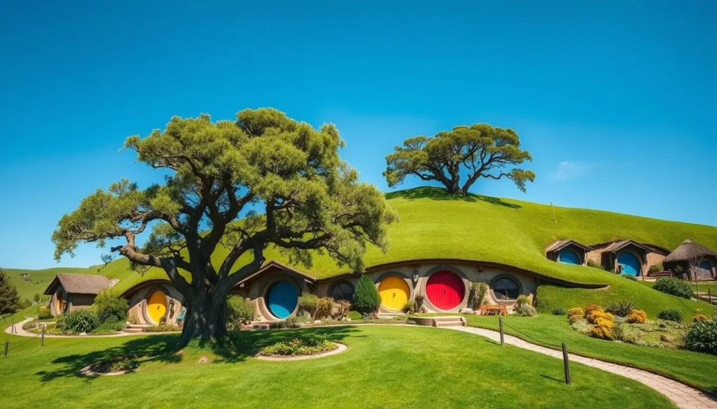 Hobbiton Movie Set with hobbit holes and green landscapes