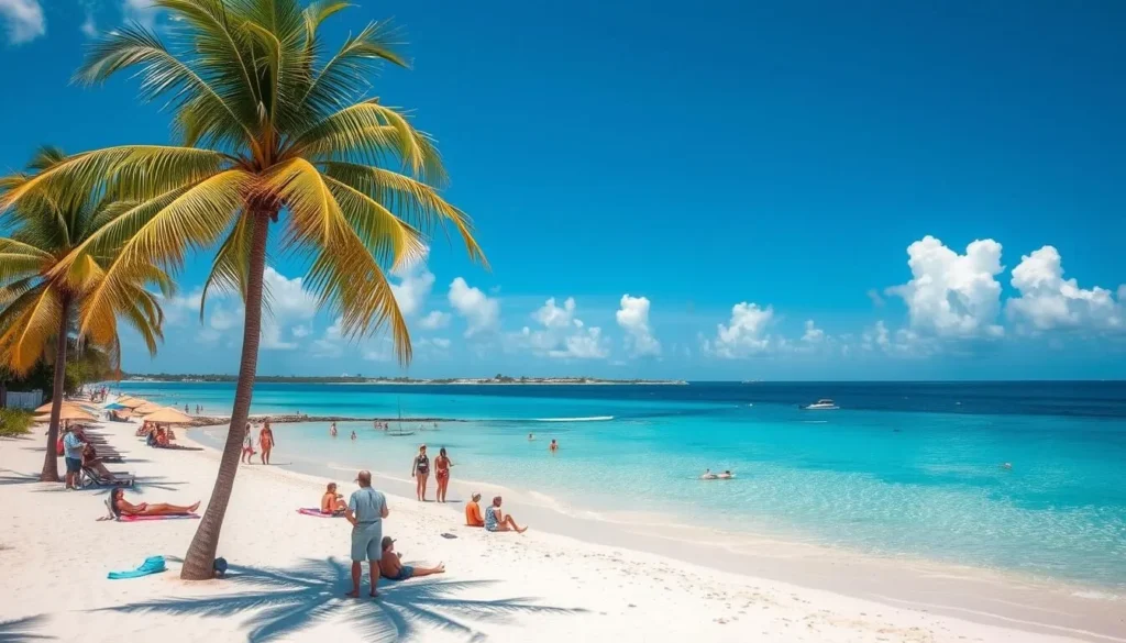 Holetown beach during the dry season with perfect weather and tourists enjoying the sun