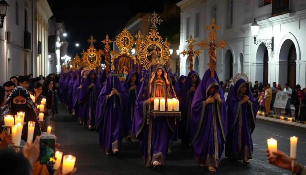 Holy Week procession in Popayan Colombia with participants in traditional purple robes carrying religious statues