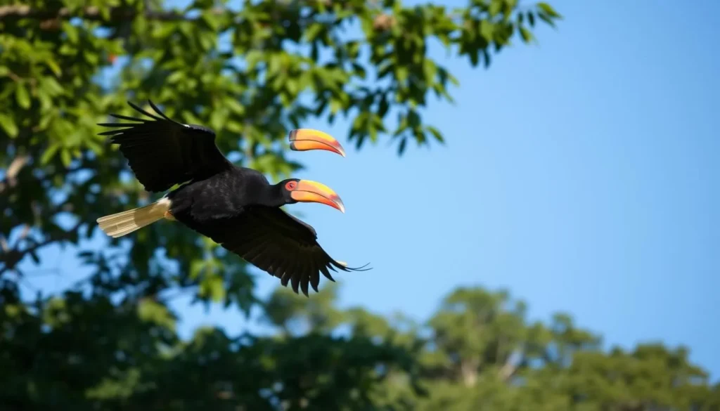 Hornbill bird in flight over the rainforest canopy in Tanjung Puting National Park