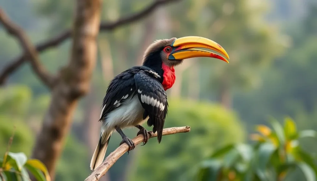 Hornbill bird perched on a branch in Kayan Mentarang National Park rainforest
