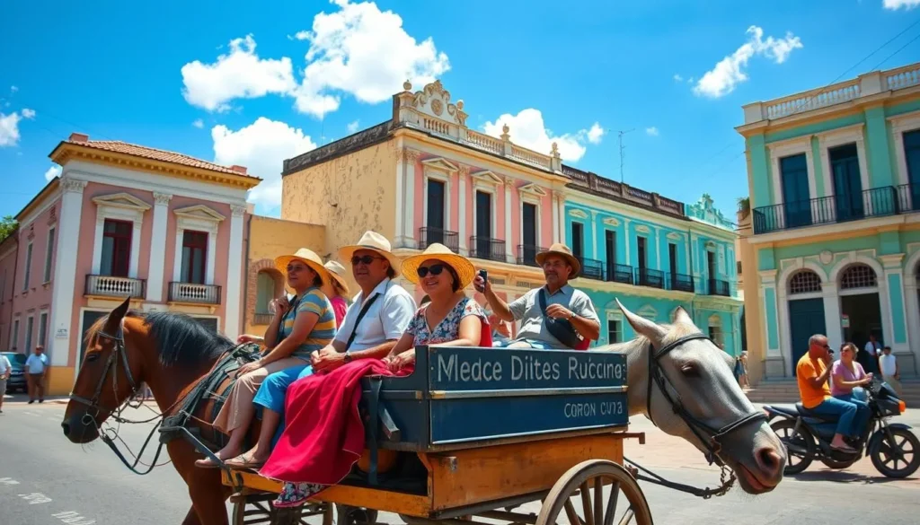 Horse-drawn carriage in Moron, Cuba with tourists