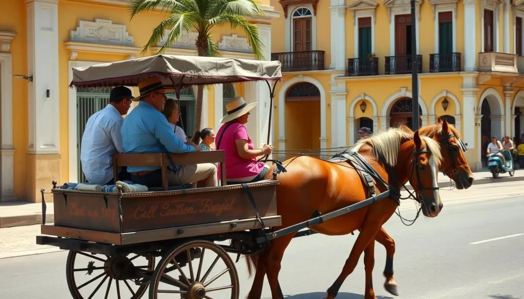 Horse-drawn carriage transportation in Contramaestre town center with locals Horse-drawn carriage transportation in Contramaestre town center with locals