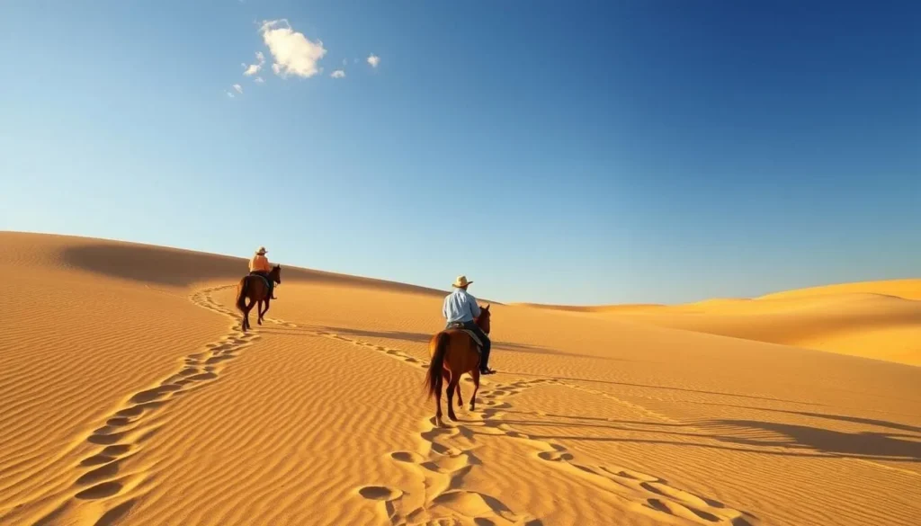Horseback riders traversing the sand dunes at Monahans Sandhills State Park Horseback riders traversing the sand dunes at Monahans Sandhills State Park