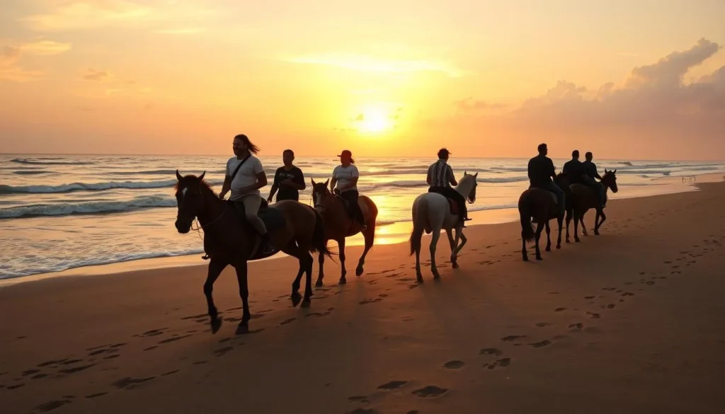 Horseback riding along Skhirat beach at sunset with riders of diverse backgrounds