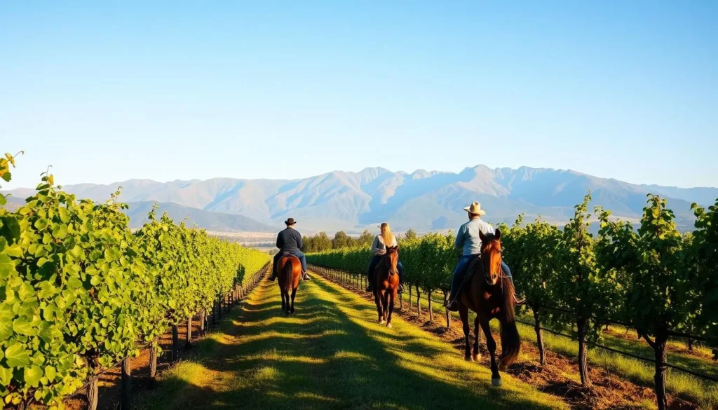 Horseback riding through Colchagua Valley vineyards with Andes Mountains backdrop Horseback riding through Colchagua Valley vineyards with Andes Mountains backdrop