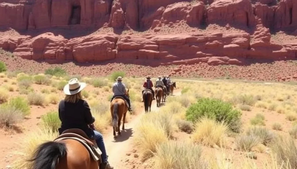Horseback riding tour in Palo Duro Canyon with red rock formations in background