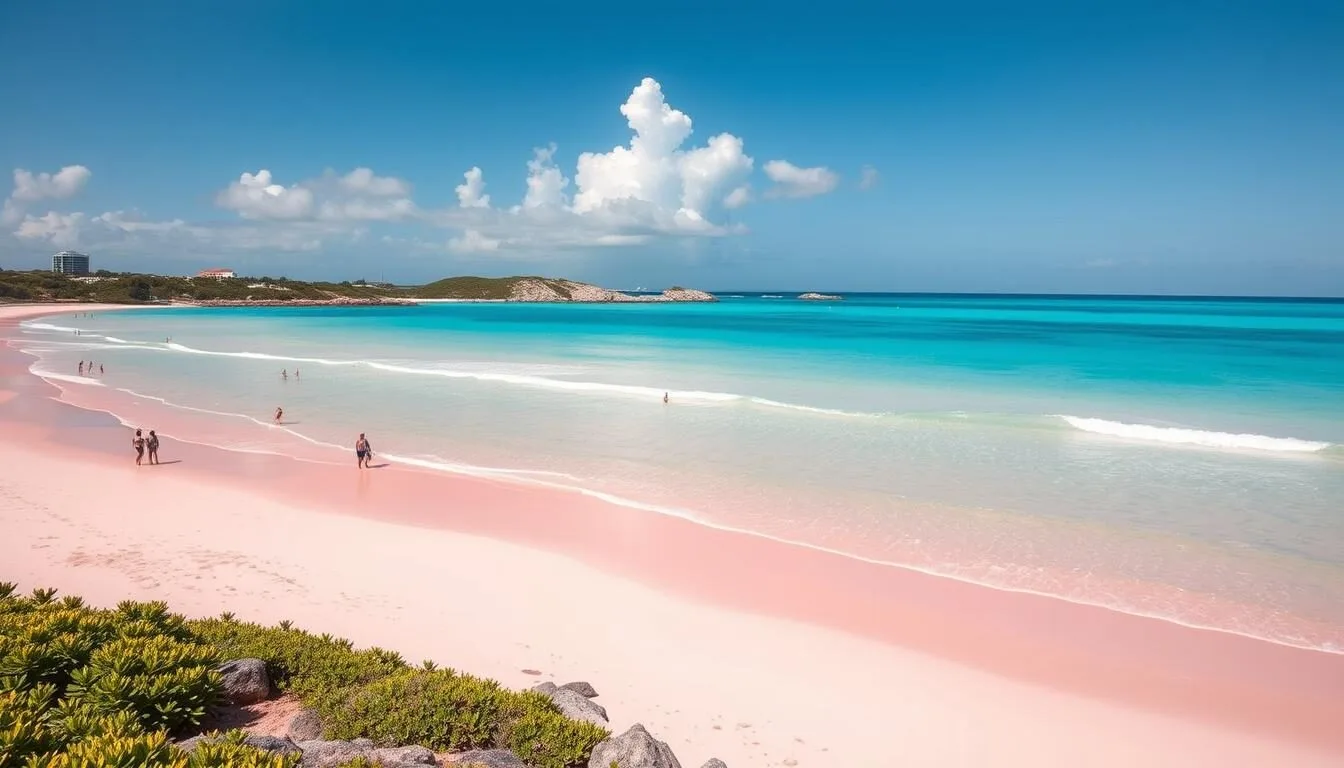 Horseshoe Bay Beach in Bermuda during summer with pink sand and turquoise water on a sunny day