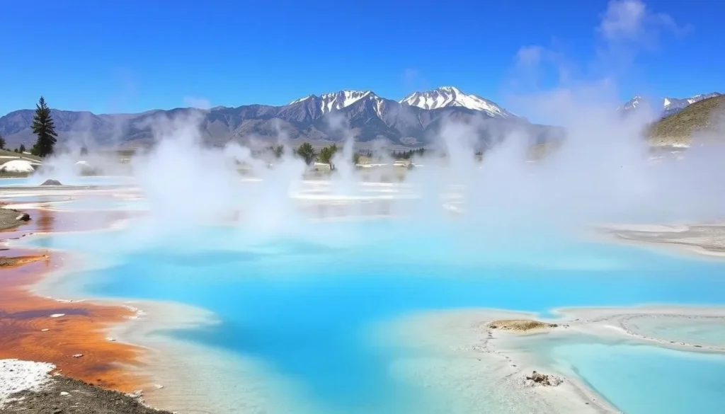 Hot Creek Geological Site with steaming geothermal features and mountain backdrop
