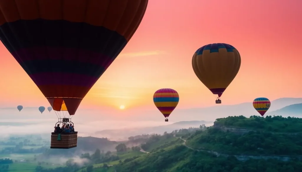 Hot air balloons floating over Tambourine Mountain at sunrise