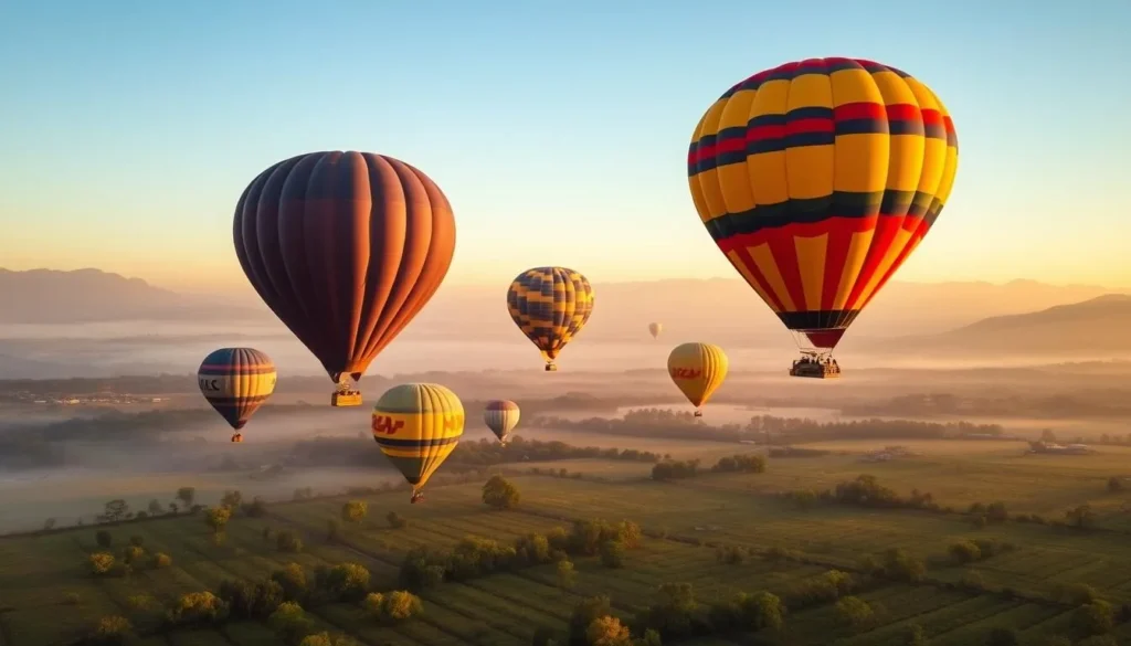 Hot air balloons flying over Pokolbin vineyards at sunrise Hot air balloons flying over Pokolbin vineyards at sunrise