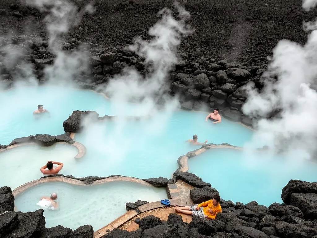 Hot springs at Taman Nasional Gunung Rinjani with steam rising from pools