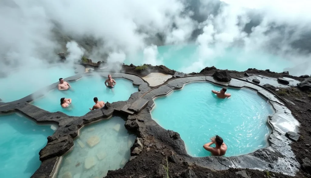 Hot springs near Lake Segara Anak with steam rising from the water Hot springs near Lake Segara Anak with steam rising from the water