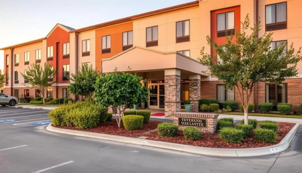 Hotel exterior in Rosenberg Texas with well-maintained grounds and entrance