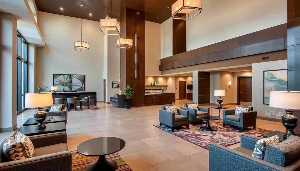 Hotel lobby in Allen, Texas with modern decor and comfortable seating areas
