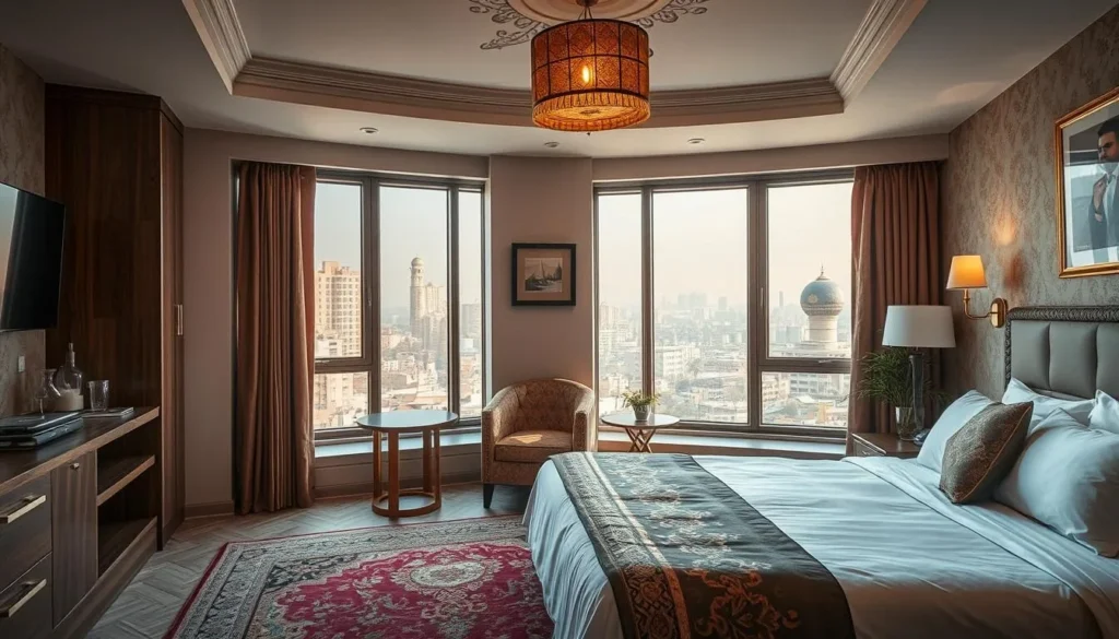 Hotel room in Homs with traditional Syrian decor and modern amenities