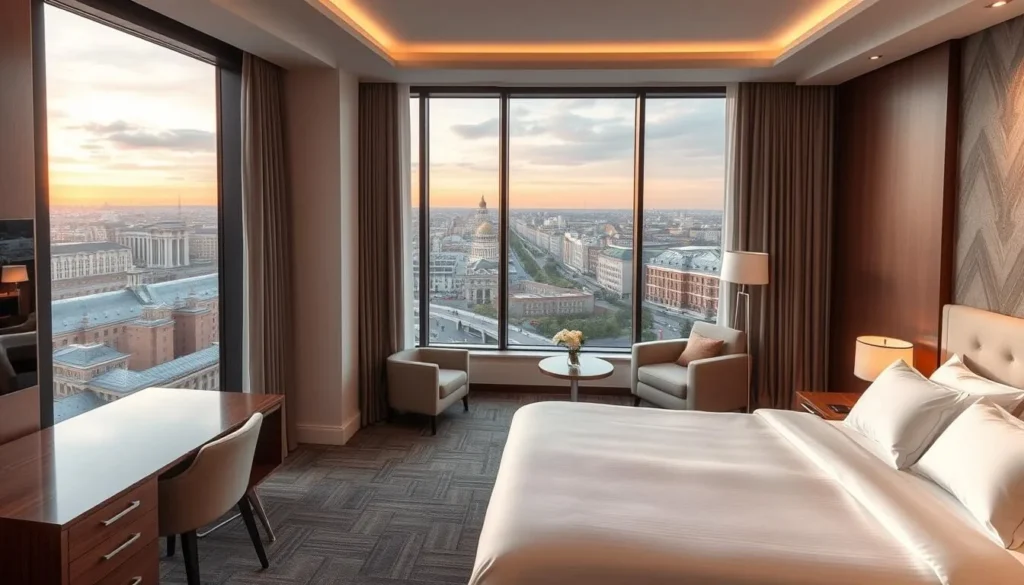 Hotel room in Krasnodar with modern amenities and city views