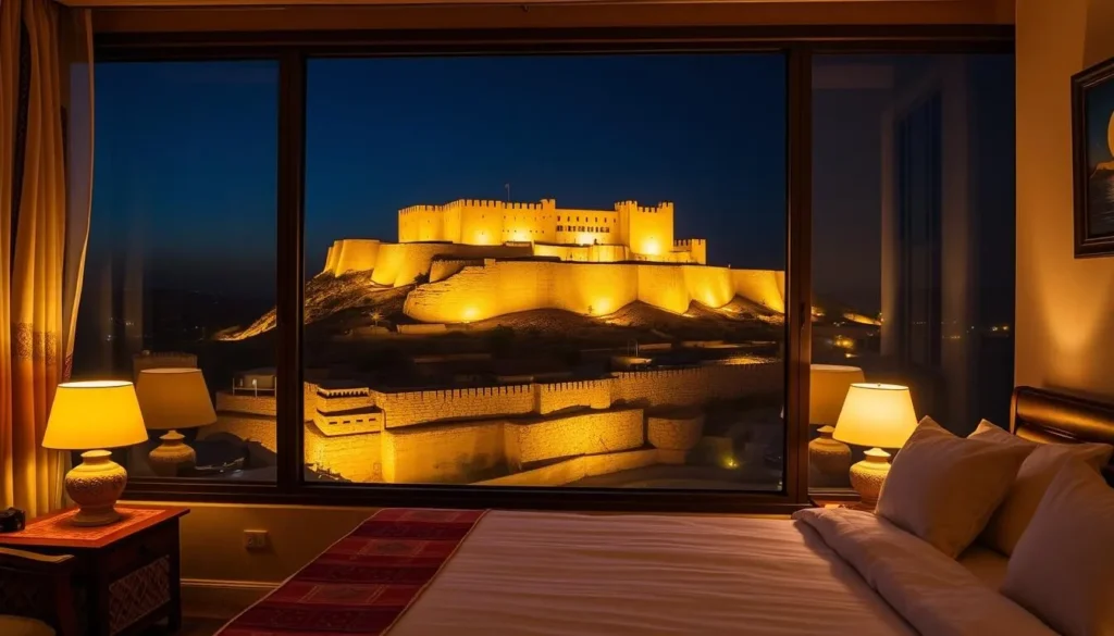 Hotel room with a view of Al-Karak Castle illuminated at night