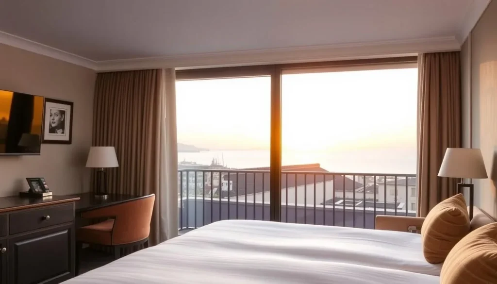 Hotel room with a view of Saint-Malo's ramparts and sea at sunset Hotel room with a view of Saint-Malo's ramparts and sea at sunset