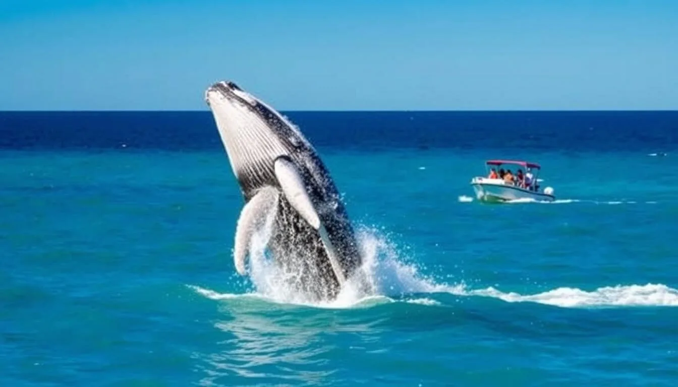 Humpback-whale-breaching-in-Hervey-Bay-waters-with-tour-boat-in-background Humpback whale breaching in Hervey Bay waters with tour boat in background