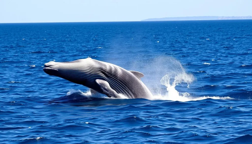 Humpback whale breaching in the waters near Nosy Ve-Androka National Park during migration season